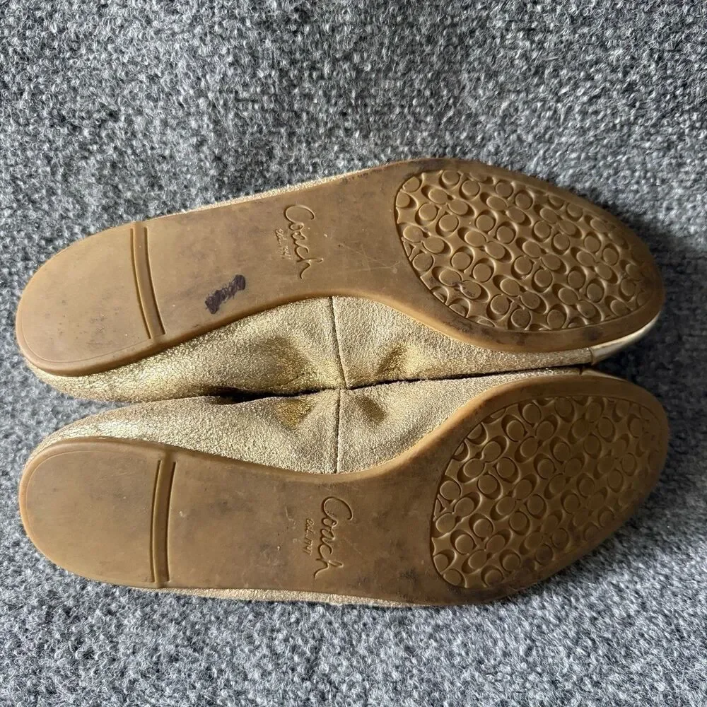 Coach Darsi Gold Metallic Slip-On Ballet Flat Logo Plate Cap Toe Shoe Size 8.5